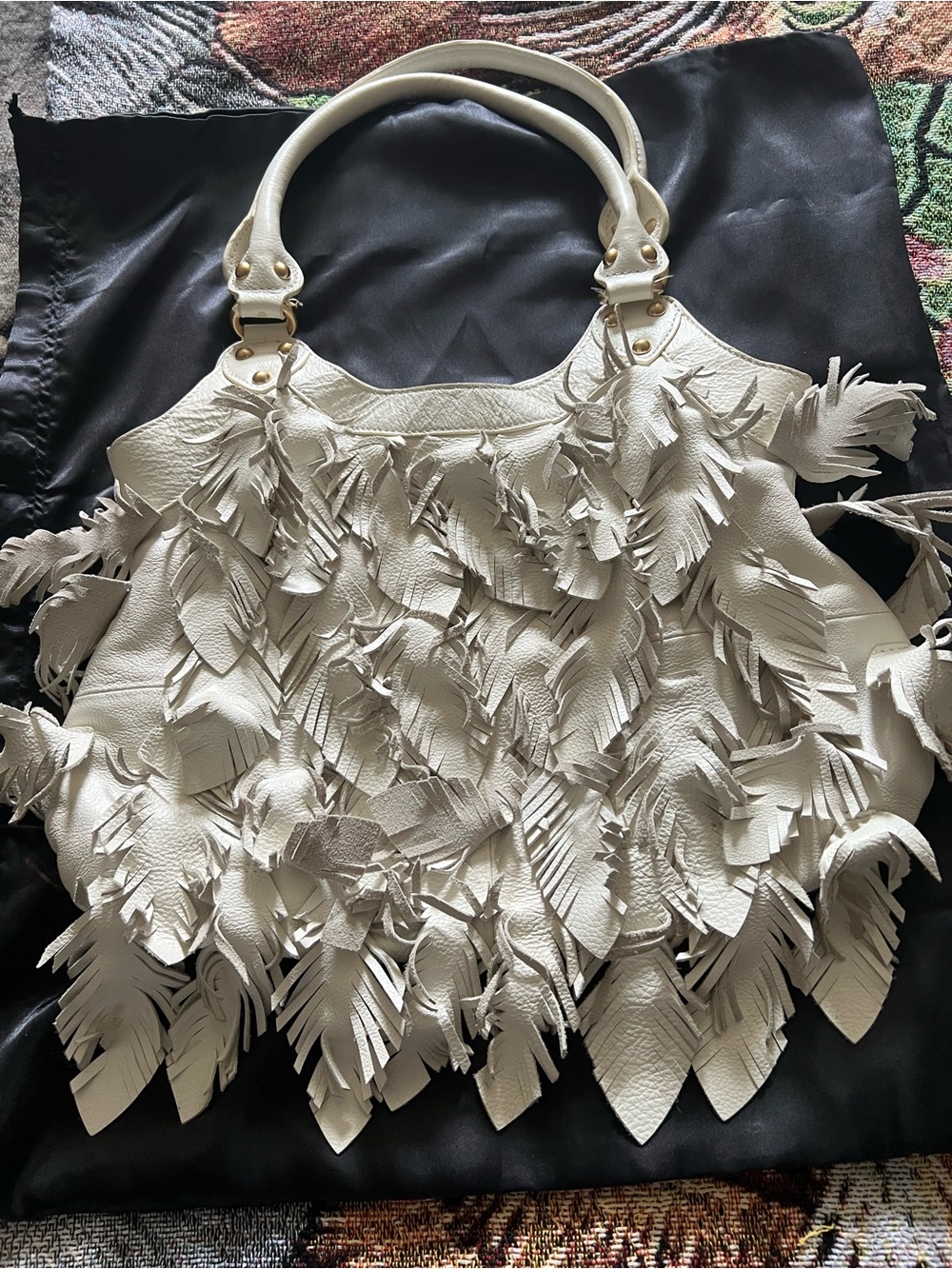 Ivory Fringe Leather Shoulder Bag with Double Handles